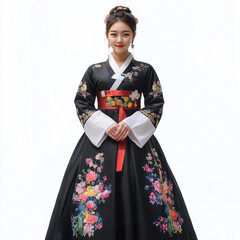 Fototapeta premium A beautiful woman wearing an elegant black hanbok with colorful floral patterns, white sleeves, and a red belt, in a traditional Korean hairstyle.