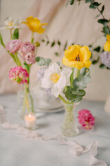 Elegant Breakfast Table Setting with Spring Flowers in Soft Tones