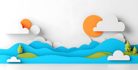 Fototapeta premium Landscape with mountains and sea waves in paper cut style