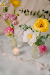 Elegant Breakfast Table Setting with Spring Flowers in Soft Tones