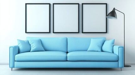 Bright Modern Living Room with Stylish Blue Couch and Empty Frames