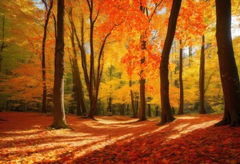 Fototapeta premium lush vibrant autumn forest displaying colorful falling leaves beneath sunlit canopy golden red foliage, trees, colors, scenery, landscape, woods, paths