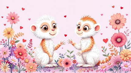 Obraz premium Adorable White Monkeys in a Floral Setting with Hearts - Cute Animal Illustration