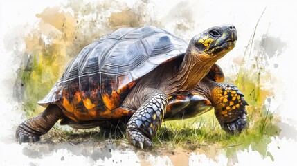 Fototapeta premium Colorful Tortoise Crawling on Grass with Artistic Watercolor Effect