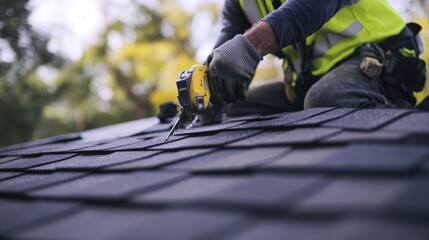 A close-up of a roofer nailing shingles on a roof, looking at the camera, with safety equipment visible