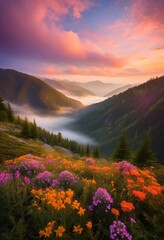 stunning sunrise illuminating serene misty mountain valleys vibrant colors soft light creating breathtaking natural landscape, golden, hour, dawn, scenery
