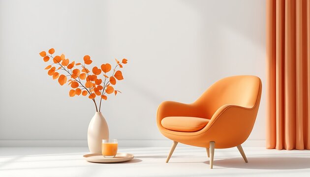  Modern minimalist interior featuring  a bright oran