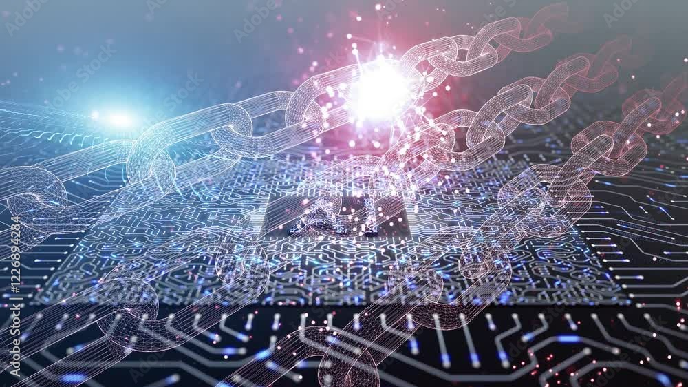 Poster loop ai motherboard with chip and digital chains business technology mining network.