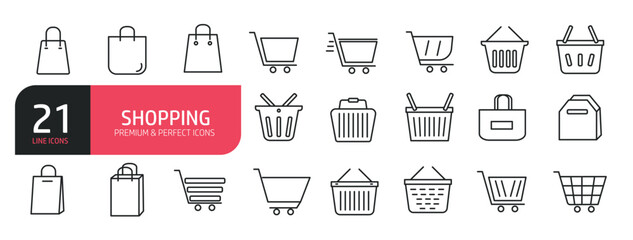 Set of line icons shopping, cart, basket, buying. Outline icons collection. Editable stroke. Vector illustration. stock illustration