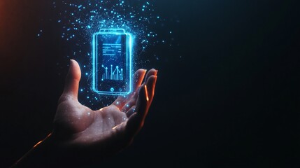 Digital Battery Concept with Hand and Glow Particles Representing Power and Energy
