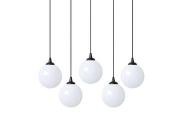 Modern chandelier with a cluster of hanging white glass orbs isolated on white background