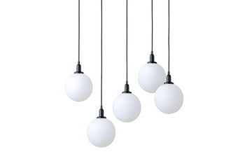 Modern chandelier with a cluster of hanging white glass orbs isolated on white background