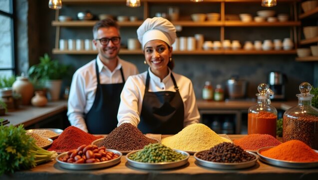 Two chefs are standing behind counter with many different spices