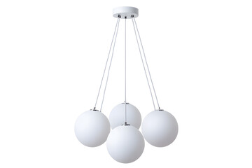 Modern chandelier with a cluster of hanging white glass orbs isolated on white background