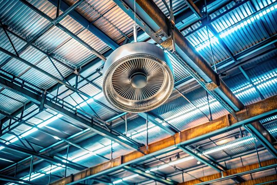 Industrial Ceiling HVAC System: Round Anemostat & Galvanized Ductwork