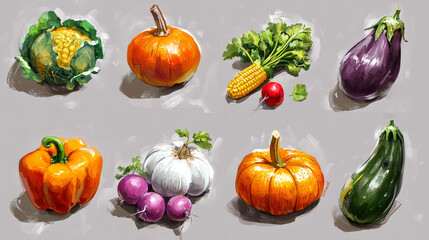 Farm vegetables vector sketches. Cauliflower, tomato and broccoli, bell pepper and beet, radish and bean, corn and garlic, asparagus, zucchini and pumpkin, carrot and eggplant isolated vegetables