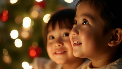 Two children are smiling and looking at candles on christmas tree
