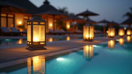 Lights are lit up on side of pool