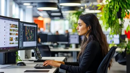 In a vibrant modern office, a woman is deeply engaged in her work at dual monitors. The lush plants around her inspire creativity and productivity. Generative AI