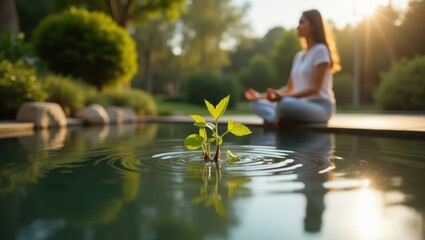 Woman is sitting in water with her hands in her pockets