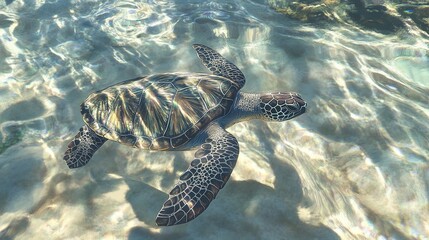 Obraz premium A clean illustration of a turtle swimming in a clear ocean, surrounded by coral. picture