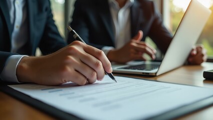 Fototapeta premium Man is signing document with pen and laptop