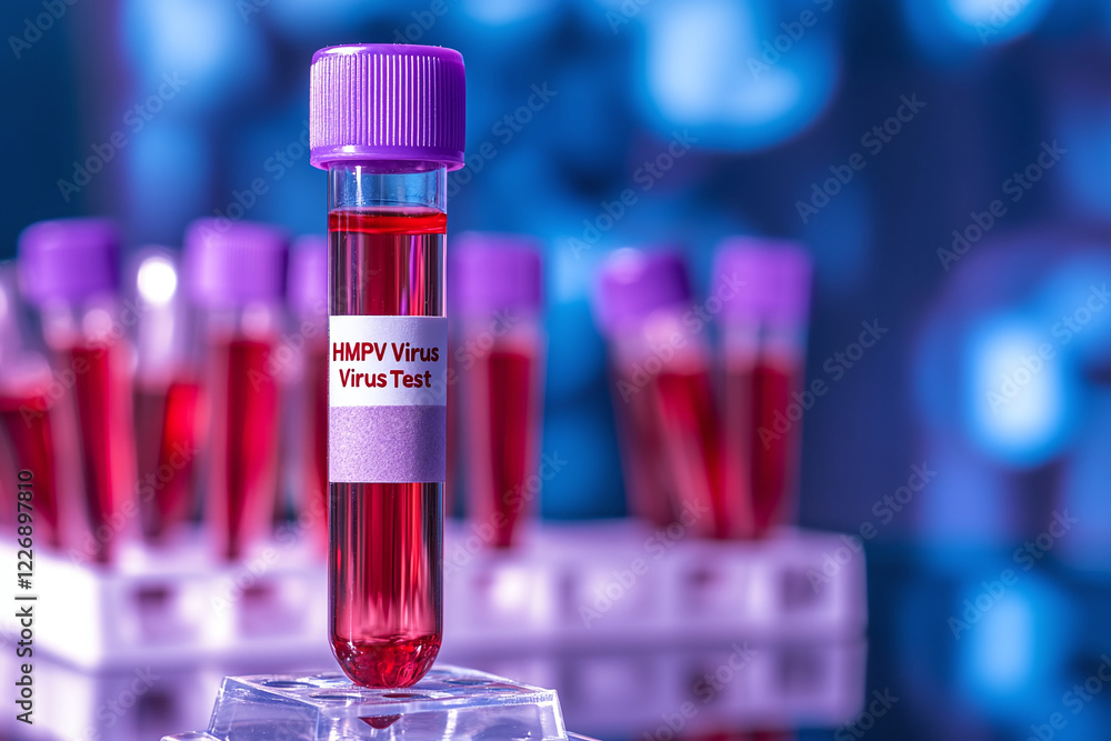 Poster there are several test tubes with red liquid in a stand. in the foreground, one of the test tubes is