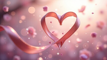A graceful silk ribbon forms a perfect heart shape while rose petals. Generative AI