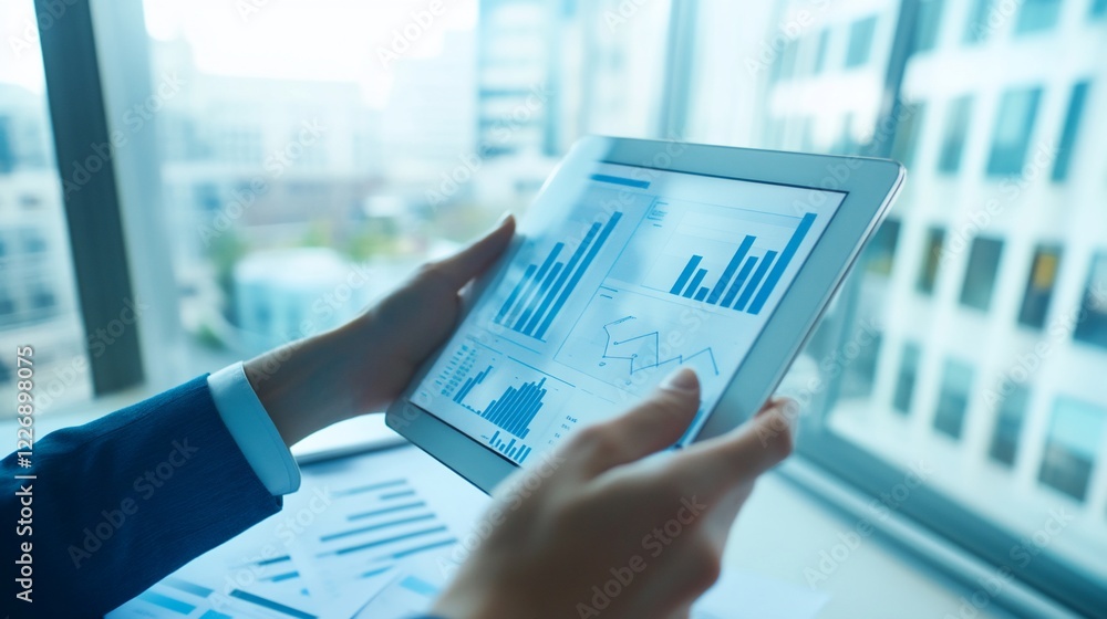 Aufkleber person examining business data on a tablet with graphs and charts in office setting