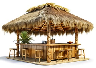 Fototapeta premium Isolated Tropical Tiki Hut Beach Bar, Straw Roof Bungalow, Hay Thatch Hut, Clipping Path