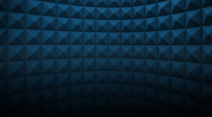 Acoustic foam with blue lights. Soundproof room wall curved background. Recording studio wall...