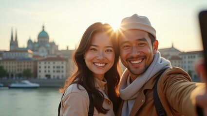 Obraz premium Man and woman are taking selfie together in front of city