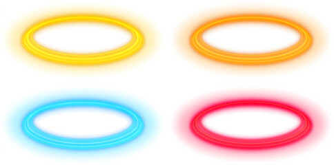 Glowing neon oval light frames in yellow, orange, blue and red colors, illuminated halo rings...