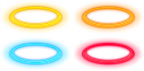 Glowing neon oval light frames in yellow, orange, blue and red colors, illuminated halo rings elements for abstract and modern design