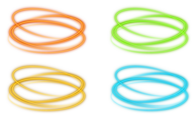 Colorful glowing neon swirling light trails rings isolated on transparent background, luminous gradient effect and magical sparkle frames for design illustration