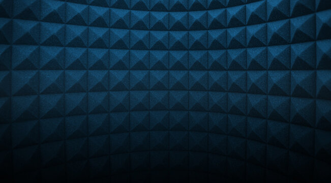 Acoustic foam with blue lights. Soundproof room wall curved background. Recording studio wall texture.