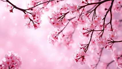 Obraz premium Cherry blossoms in full bloom, delicate pink petals against a soft pink background. Branches laden with flowers, creating a serene and romantic atmosphere. Generative AI