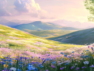 Obraz premium Mountain Wildflower Meadow: A breathtaking panoramic view of rolling hills carpeted in a vibrant tapestry of wildflowers, bathed in the soft golden light of sunrise or sunset.