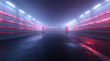 Neon-lit boxing ring, wet floor, futuristic arena, fight