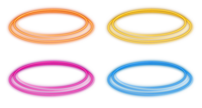 Colorful neon magical circles rings glowing isolated on transparent background, futuristic illustration element for poster, banner, cover and backdrop design