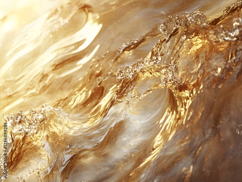 Poster golden liquid flow: abstract image of swirling, golden liquid, capturing the light and movement of t