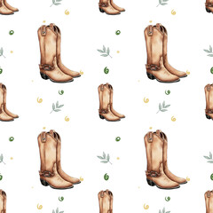 Cowboy Boots Seamless Pattern with Leaves