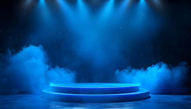 Illuminated Blue Stage Platform with Smoke and Lights