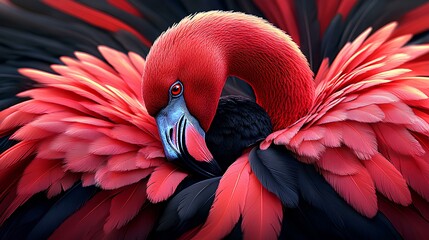 red and black flamingo with red and black opened wings shown