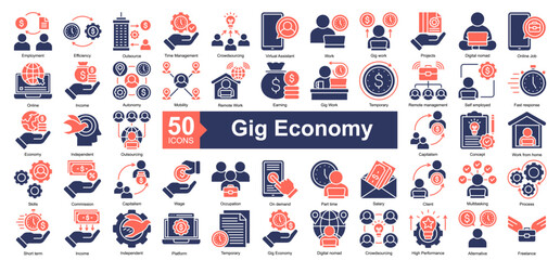 Gig Economy Icon Collection Set.Containing Employment, Efficiency, Outsource, Time management, Crowdsourcing, Virtual Assistant, Work, Gig work icon. Simple dual tone style Vector Illustration.