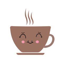 Happy cute smiling funny kawaii coffee cup with steam outline. Vector illustration