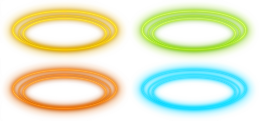 Shiny neon ellipse oval halo ring in vibrant yellow, orange, green, and blue light isolated on transparent background, creating a futuristic and energetic visual