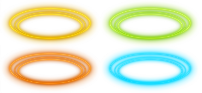 Shiny neon ellipse oval halo ring in vibrant yellow, orange, green, and blue light isolated on transparent background, creating a futuristic and energetic visual