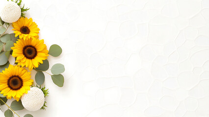 Bright sunflowers and leaves create a cheerful floral arrangement on copy space background