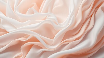 Obraz premium Soft peach and white silky fabric with intricate, flowing folds and waves.
